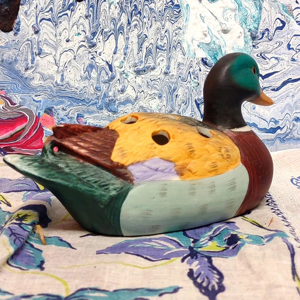 Porcelain Hand Painted Figural Mallard Duck Pencil Holder Vintage